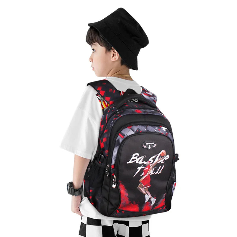 Black and red graphic backpack for kids with adjustable straps, stylish school travel bag for boys and girls.