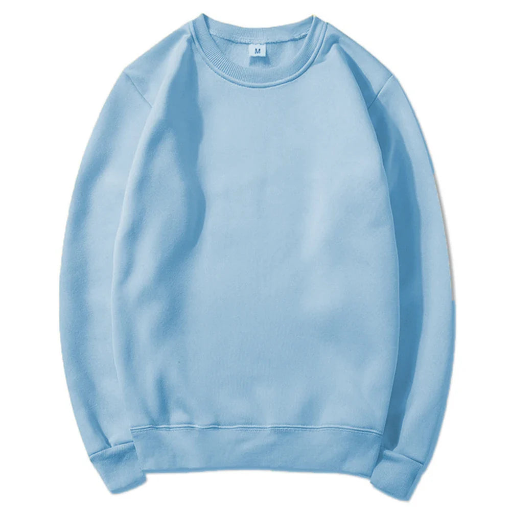 Light blue unisex sweatshirt with long sleeves and round neck, soft fleece casual hoodie style pullover.