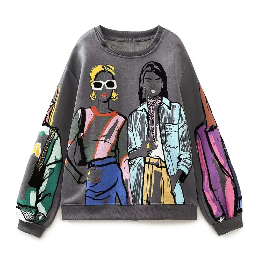 Gray graphic hoodie with colorful fashion illustration print, oversized long sleeve streetwear sweatshirt for women.